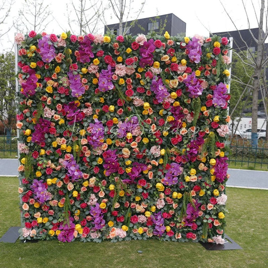 Lofaris Vibrant Artificial Flower Wall with Purple Orchids and Mixed Roses Lush Greenery Event Decor