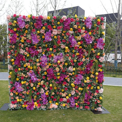 Lofaris Vibrant Artificial Flower Wall with Purple Orchids and Mixed Roses Lush Greenery Event Decor