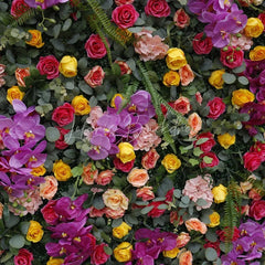 Lofaris Vibrant Artificial Flower Wall with Purple Orchids and Mixed Roses Lush Greenery Event Decor