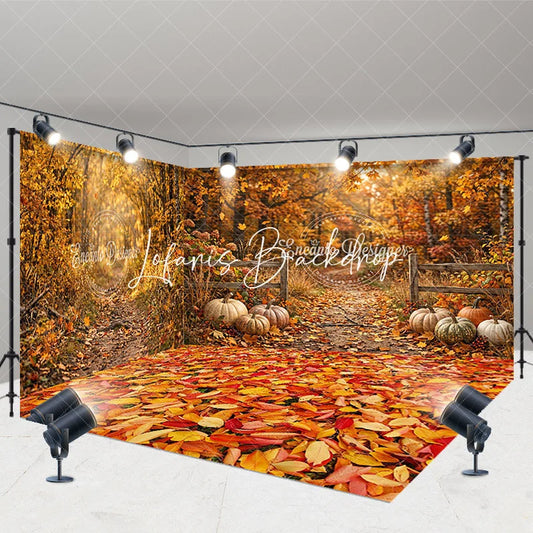 Lofaris Vibrant Autumn Forest Path with Fallen Leaves and Pumpkins Room Set Backdrop Warm Fall Harvest Photography Decor