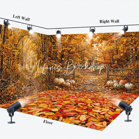 Lofaris Vibrant Autumn Forest Path with Fallen Leaves and Pumpkins Room Set Backdrop Warm Fall Harvest Photography Decor