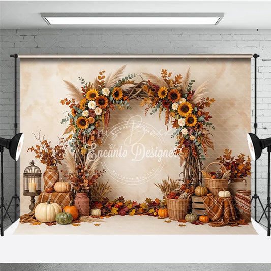 Lofaris Vibrant Autumn Harvest Photography Backdrop with Sunflowers Pumpkins and Rustic Fall Arch Decor for Seasonal Portraits