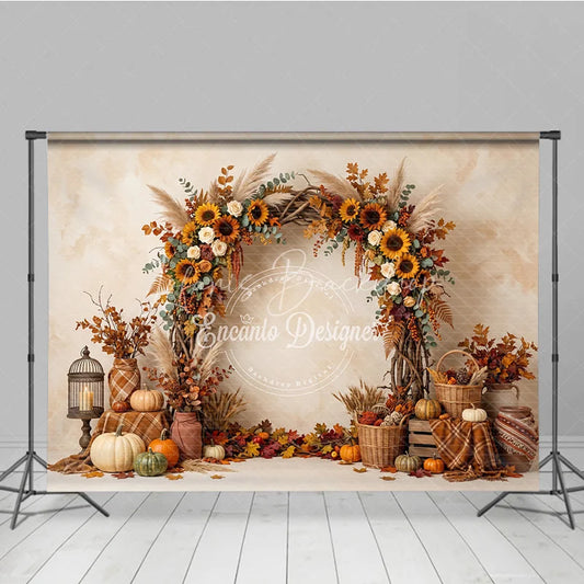Lofaris Vibrant Autumn Harvest Photography Backdrop with Sunflowers Pumpkins and Rustic Fall Arch Decor for Seasonal Portraits