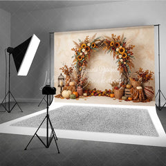 Lofaris Vibrant Autumn Harvest Photography Backdrop with Sunflowers Pumpkins and Rustic Fall Arch Decor for Seasonal Portraits
