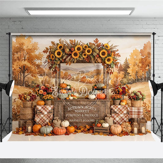 Lofaris Vibrant Autumn Market Stall Photography Backdrop with Sunflowers and Pumpkins Rustic Fall Harvest Festival Decor