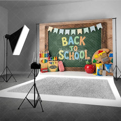 Lofaris Vibrant Back to School Chalkboard Photography Backdrop featuring Colorful Art Supplies and Festive Pennant Banners