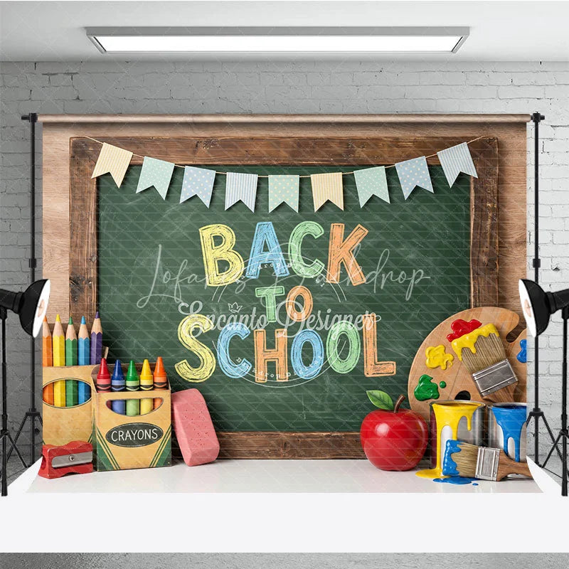 Lofaris Vibrant Back to School Chalkboard Photography Backdrop featuring Colorful Art Supplies and Festive Pennant Banners