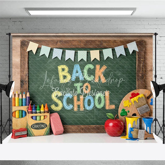 Lofaris Vibrant Back to School Chalkboard Photography Backdrop featuring Colorful Art Supplies and Festive Pennant Banners