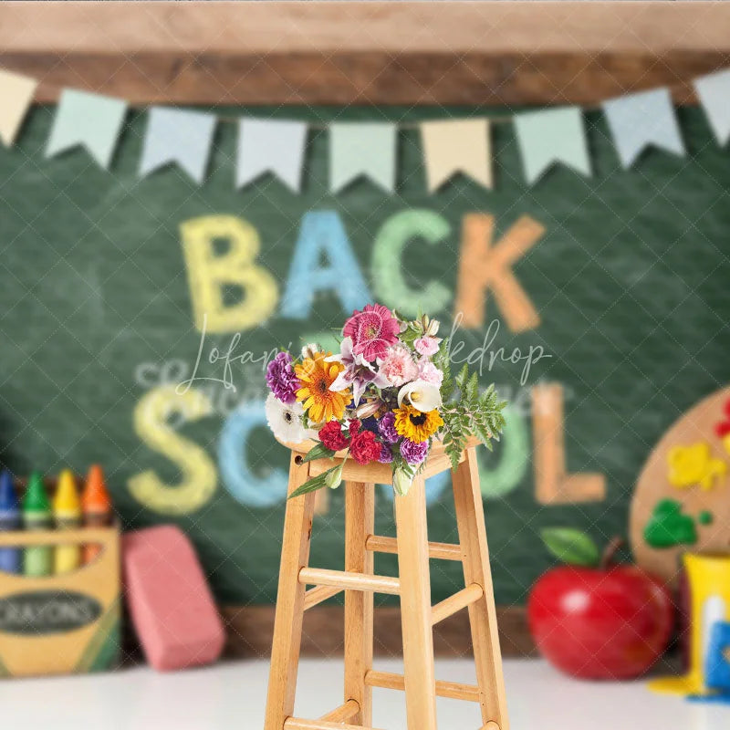 Lofaris Vibrant Back to School Chalkboard Photography Backdrop featuring Colorful Art Supplies and Festive Pennant Banners