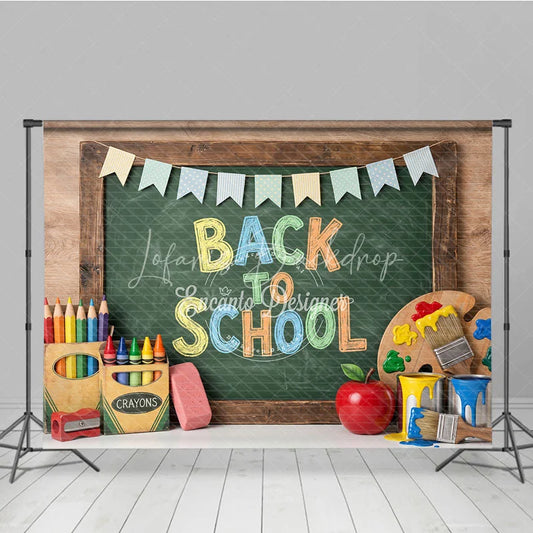 Lofaris Vibrant Back to School Chalkboard Photography Backdrop featuring Colorful Art Supplies and Festive Pennant Banners