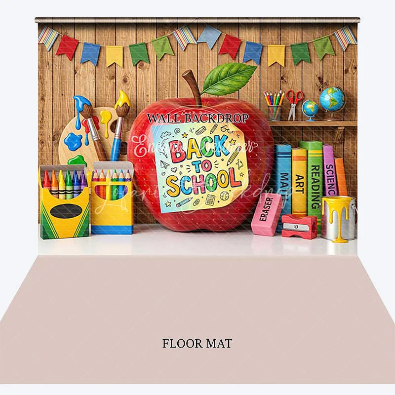 Lofaris Vibrant Back to School Combo Set Backdrop with Red Apple Classroom Supplies and Bunting Flags Decor