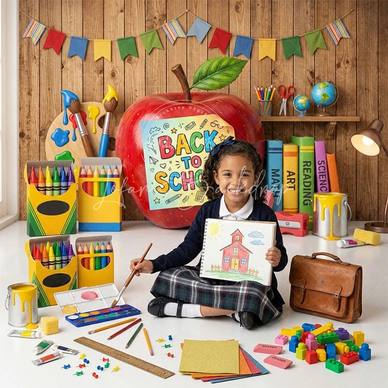 Lofaris Vibrant Back to School Combo Set Backdrop with Red Apple Classroom Supplies and Bunting Flags Decor