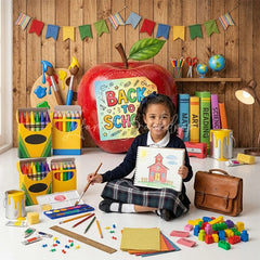 Lofaris Vibrant Back to School Combo Set Backdrop with Red Apple Classroom Supplies and Bunting Flags Decor