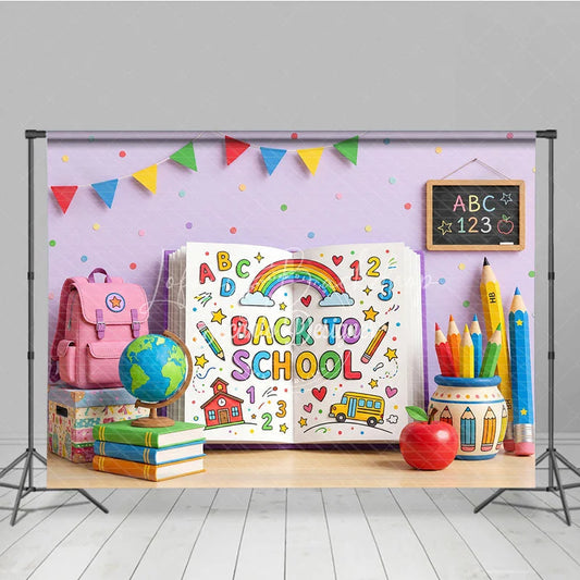 Lofaris Vibrant Back to School Photography Backdrop featuring a Colorful Open Book with Rainbow and Supplies