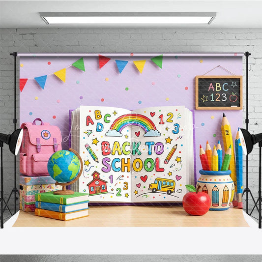 Lofaris Vibrant Back to School Photography Backdrop featuring a Colorful Open Book with Rainbow and Supplies