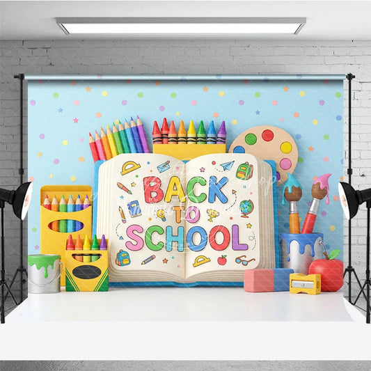 Lofaris Vibrant Back to School Photography Backdrop featuring Rainbow Pencils Crayons and Art Supplies for Kids