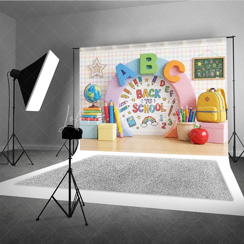 Lofaris Vibrant Back to School Photography Backdrop with ABC Letters Colorful Pencils and Classroom Elements