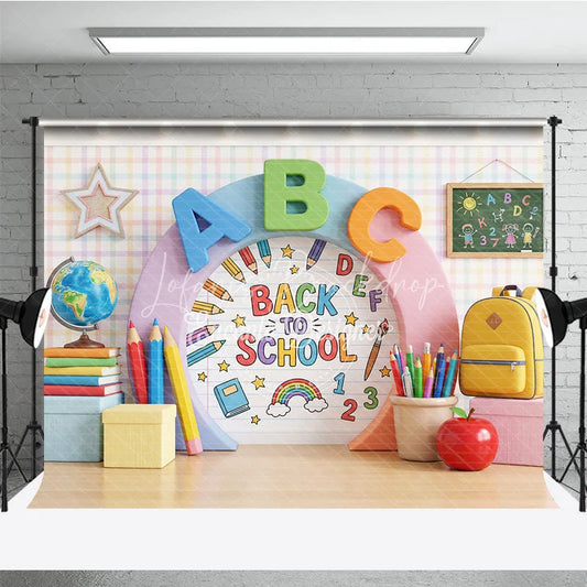 Lofaris Vibrant Back to School Photography Backdrop with ABC Letters Colorful Pencils and Classroom Elements