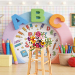 Lofaris Vibrant Back to School Photography Backdrop with ABC Letters Colorful Pencils and Classroom Elements