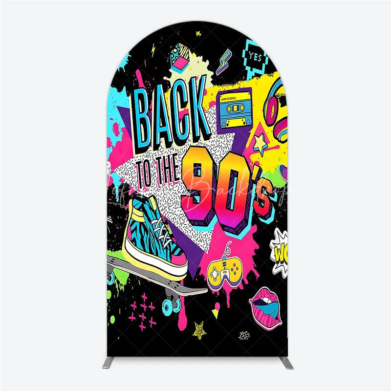 Lofaris Vibrant Back to the 90s Arch Backdrop Retro Skateboard and Cassette Tape Party Decor