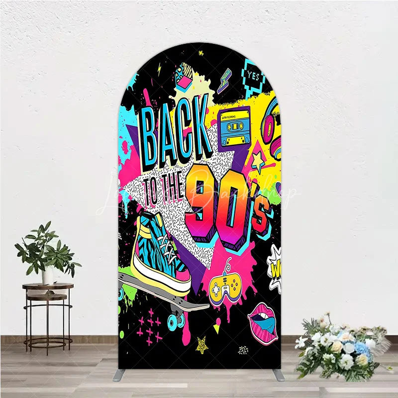 Lofaris Vibrant Back to the 90s Arch Backdrop Retro Skateboard and Cassette Tape Party Decor