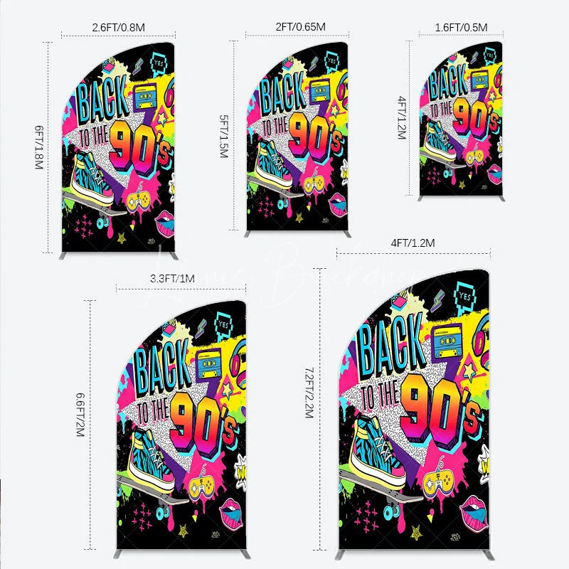 Lofaris Vibrant Back to the 90s Half Moon Arch Backdrop Retro Skateboard and Cassette Tape Party Decor