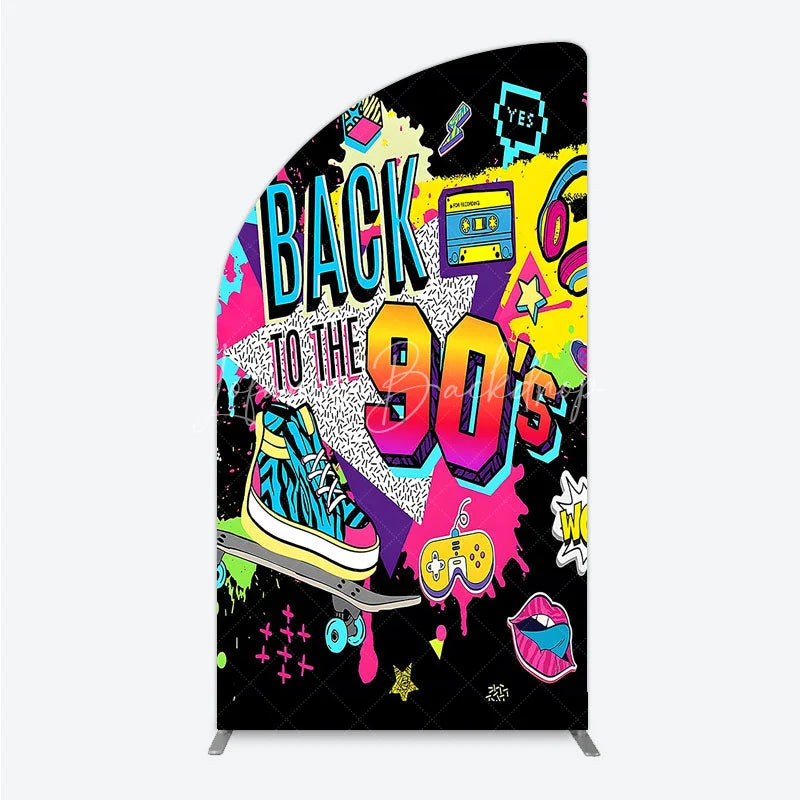 Lofaris Vibrant Back to the 90s Half Moon Arch Backdrop Retro Skateboard and Cassette Tape Party Decor