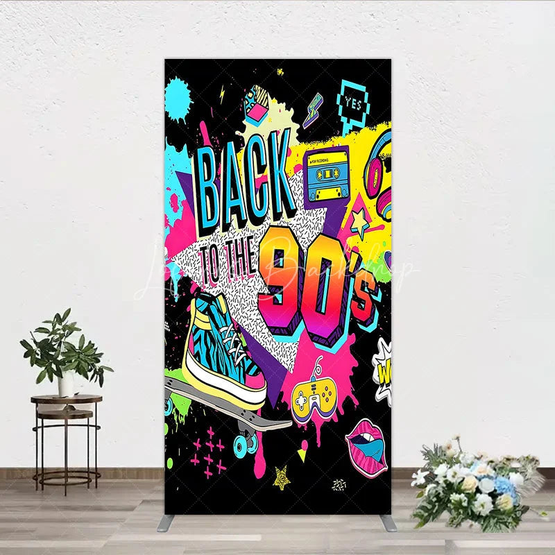 Lofaris Vibrant Back to the 90s Rectangle Backdrop Retro Skateboard and Cassette Tape Party Decor