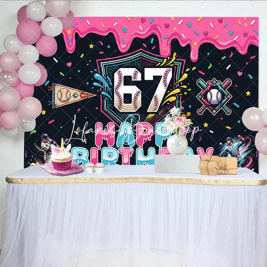 Lofaris Vibrant Baseball 7th Birthday Backdrop with Pink Dripping Icing and Sprinkles Sporty Party Decor
