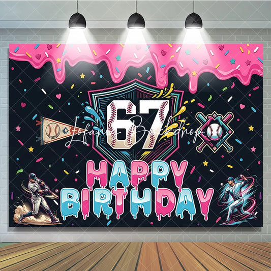 Lofaris Vibrant Baseball 7th Birthday Backdrop with Pink Dripping Icing and Sprinkles Sporty Party Decor