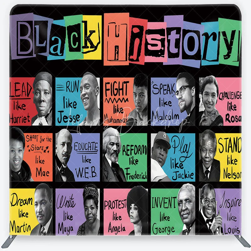 Lofaris Vibrant Black History Square Double-Sided Backdrop featuring iconic figures and inspirational phrases for educational events