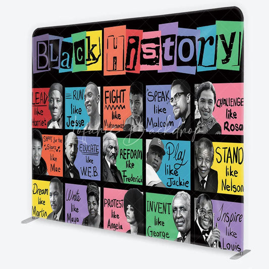 Lofaris Vibrant Black History Square Double-Sided Backdrop featuring iconic figures and inspirational phrases for educational events