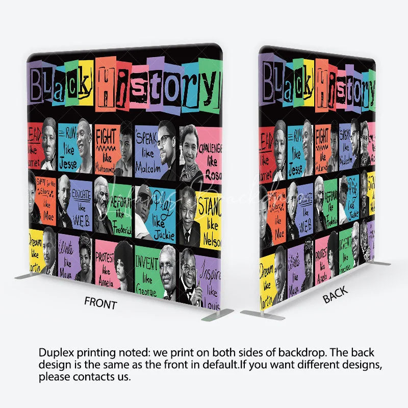 Lofaris Vibrant Black History Square Double-Sided Backdrop featuring iconic figures and inspirational phrases for educational events