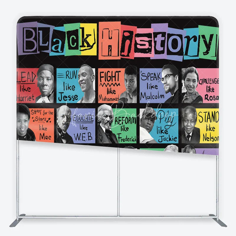 Lofaris Vibrant Black History Square Double-Sided Backdrop featuring iconic figures and inspirational phrases for educational events