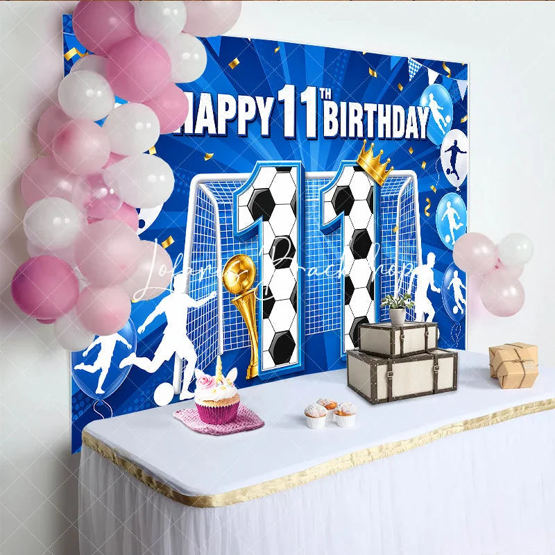 Lofaris Vibrant Blue and Gold Soccer Theme 11th Birthday Backdrop with Goal Trophy Balloons Sports Party Decor