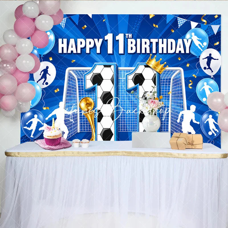 Lofaris Vibrant Blue and Gold Soccer Theme 11th Birthday Backdrop with Goal Trophy Balloons Sports Party Decor