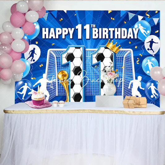 Lofaris Vibrant Blue and Gold Soccer Theme 11th Birthday Backdrop with Goal Trophy Balloons Sports Party Decor