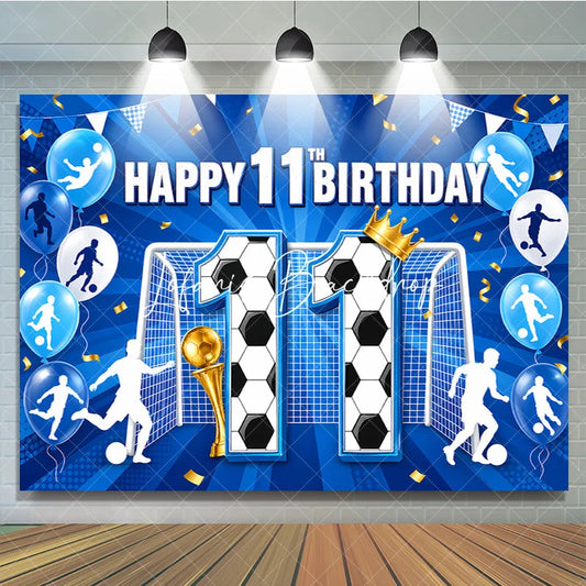 Lofaris Vibrant Blue and Gold Soccer Theme 11th Birthday Backdrop with Goal Trophy Balloons Sports Party Decor