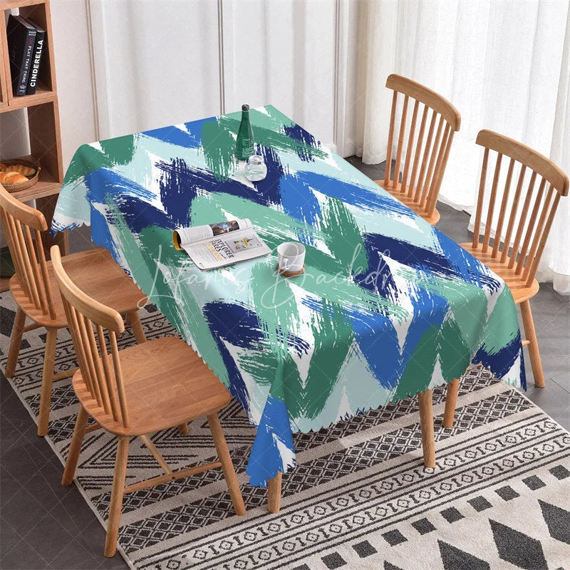 Lofaris Vibrant Blue and Green Brushstroke Chevron Rectangle Tablecloth Modern Abstract Pattern for Dining Decor