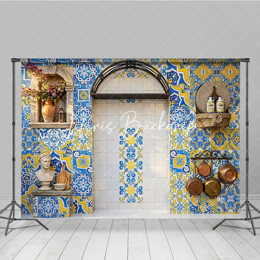 Lofaris Vibrant Blue and Yellow Mediterranean Tile Photography Backdrop Rustic European Kitchen Patio Decor
