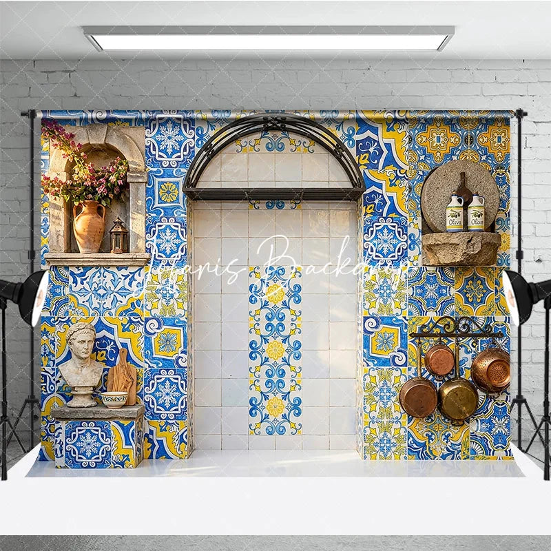 Lofaris Vibrant Blue and Yellow Mediterranean Tile Photography Backdrop Rustic European Kitchen Patio Decor