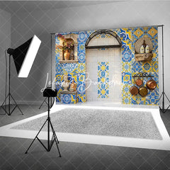 Lofaris Vibrant Blue and Yellow Mediterranean Tile Photography Backdrop Rustic European Kitchen Patio Decor