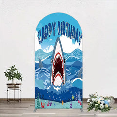 Lofaris Vibrant Blue Ocean Shark Happy Birthday Arch Backdrop Kit Under the Sea Adventure Party Decor for Kids
