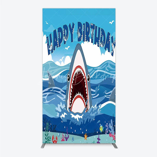 Lofaris Vibrant Blue Ocean Shark Happy Birthday Rectangle Backdrop Kit Under the Sea Adventure Party Decor for Kids