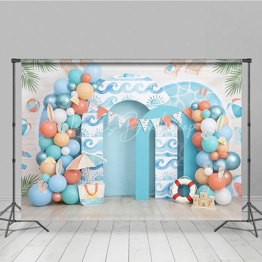 Lofaris Vibrant Blue Ocean Waves and Summer Beach Photography Backdrop featuring Colorful Balloons Sandcastle Decor