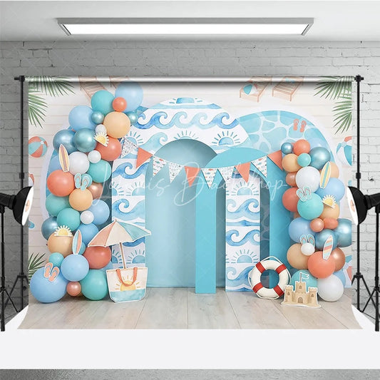 Lofaris Vibrant Blue Ocean Waves and Summer Beach Photography Backdrop featuring Colorful Balloons Sandcastle Decor