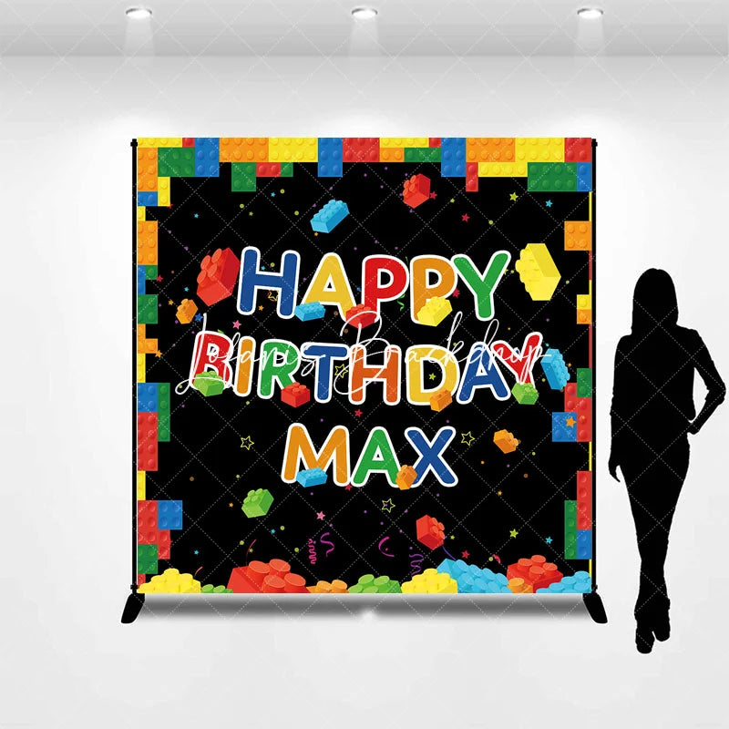 Lofaris Vibrant Building Blocks Happy Birthday Personalized Custom Backdrop Kids Party Decoration for Boys and Girls