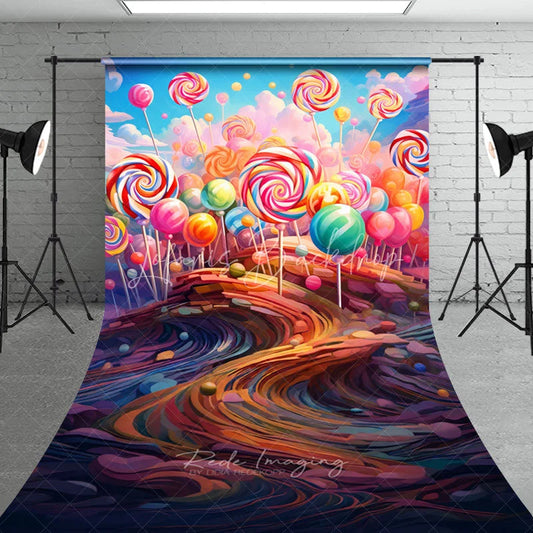 Lofaris Vibrant Candy Land Sweep Backdrop with Colorful Lollipops Whimsical Sweet Dreamscape for Kids Birthday Party