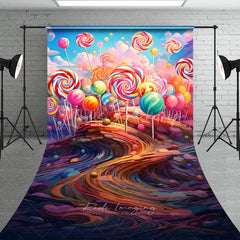 Lofaris Vibrant Candy Land Sweep Backdrop with Colorful Lollipops Whimsical Sweet Dreamscape for Kids Birthday Party