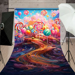 Lofaris Vibrant Candy Land Sweep Backdrop with Colorful Lollipops Whimsical Sweet Dreamscape for Kids Birthday Party